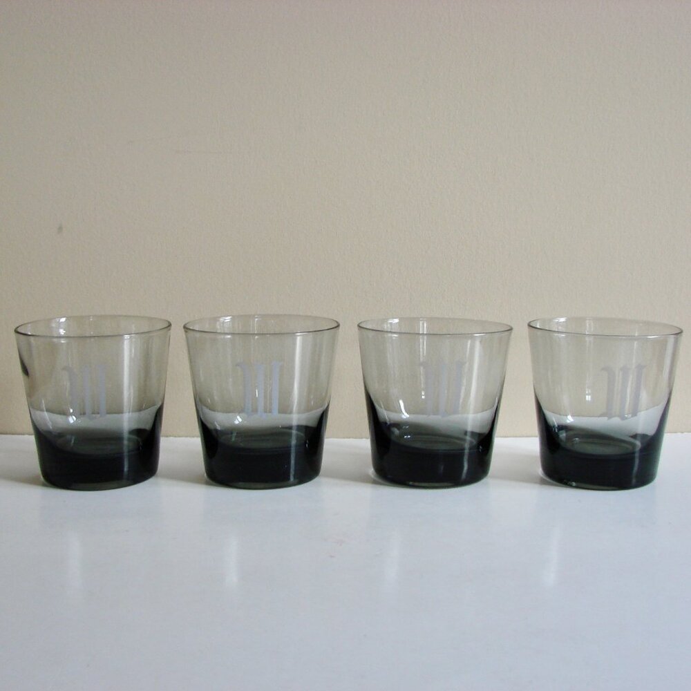 Vintage Bar Whiskey Glasses Smoke Gray Purple Lowball Monogrammed "W" Set of 4